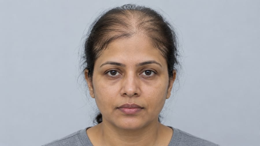 Female patient before cranial prosthesis fitting showing extensive thinning